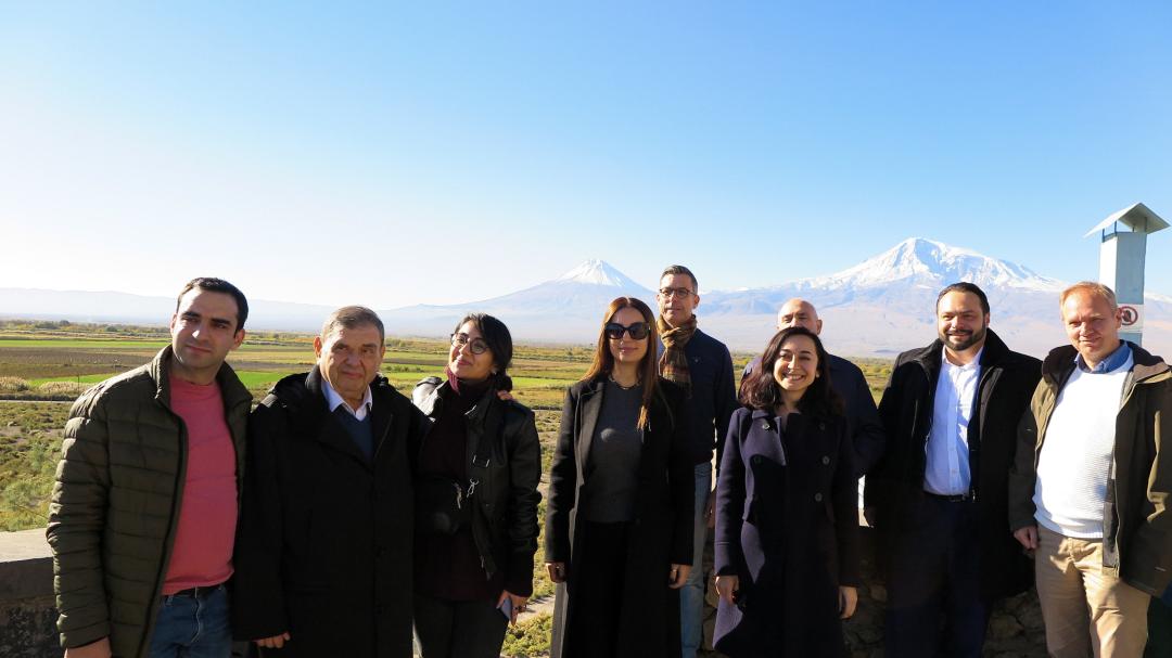 A group photo of the EU members with Ararat Mountain in the backdrop. Photo: Leonardo Delfanti	